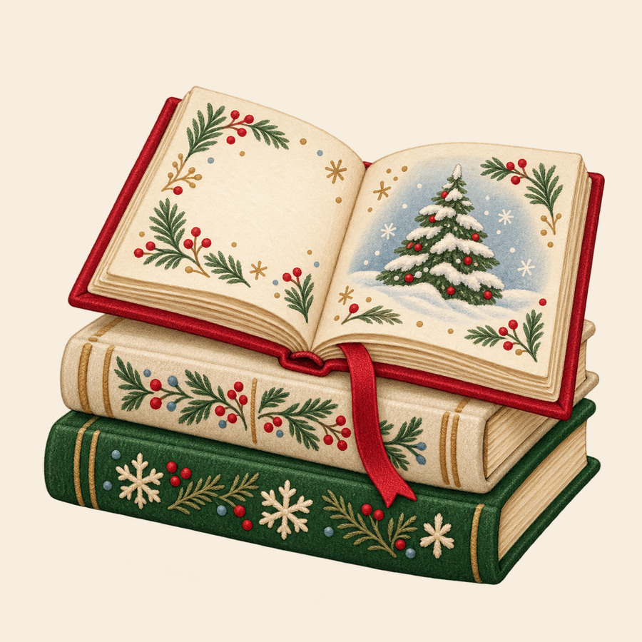 Christmas storybooks with a snowy tree