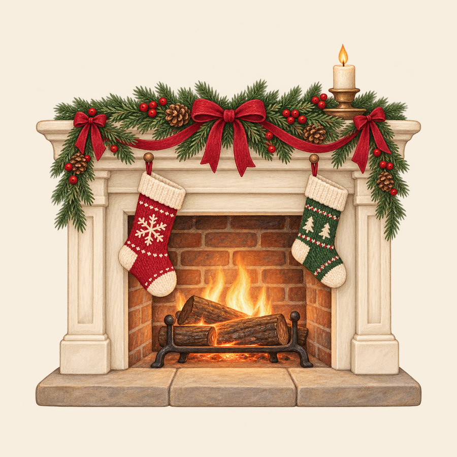 Christmas fireplace with garland and stockings