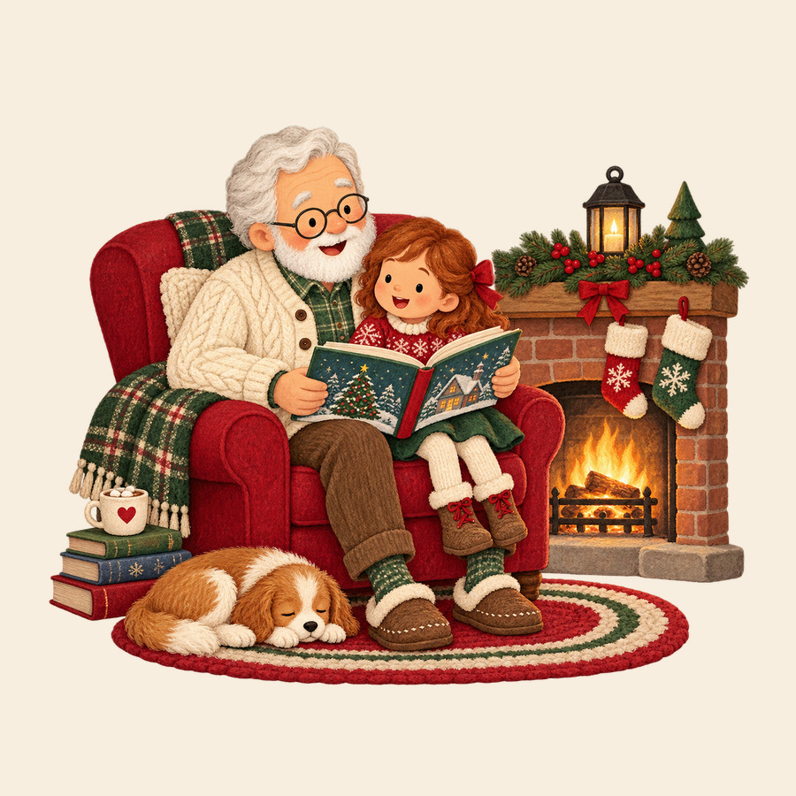 Grandfather and granddaughter reading by the fire