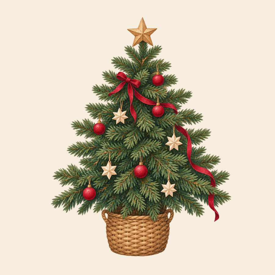 Little Christmas tree in a woven basket