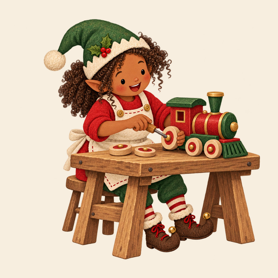 An elf builds a toy train