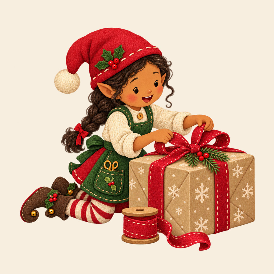 An elf ties the finishing bow