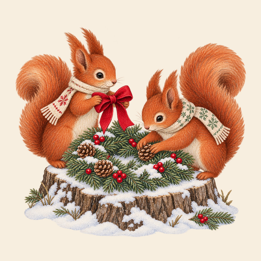 Squirrels make a Christmas wreath